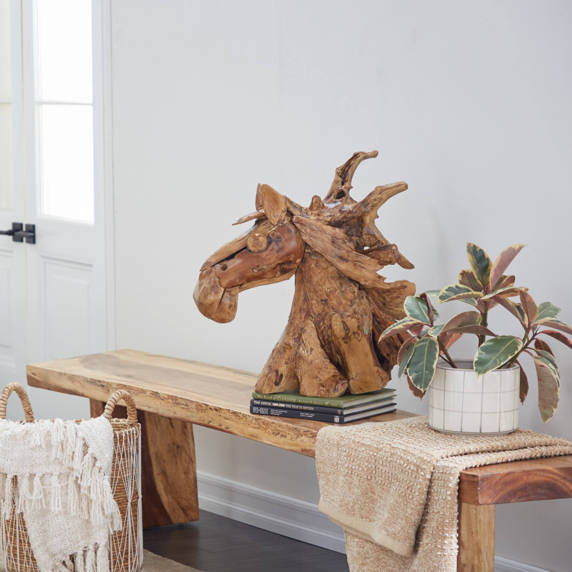 Brown Teak Wood Natural Horse Sculpture 23" x 25" x 10"